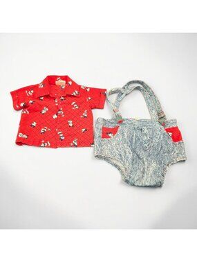 Vintage Disney Kids Baby Mickey Mouse Red Shirt Denim Overalls Newborn to 6 Mos
